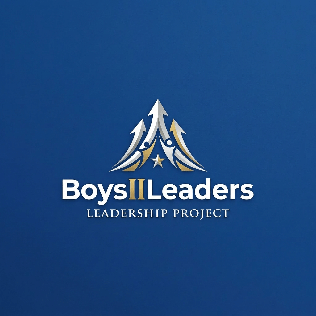 Logo with upward arrows and text Boys II Leaders Leadership Programs